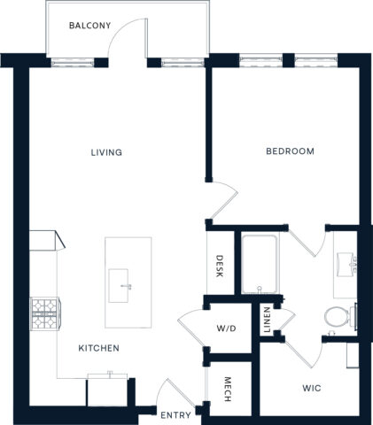 Floor plan of a one-bedroom apartment with a kitchen, living area, balcony, bedroom, bathroom, walk-in closet, laundry (W/D), linen closet, mechanical room, desk area, and entryway.