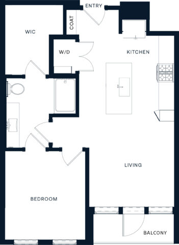 Black and white floor plan of a one-bedroom apartment with labeled rooms: entry, coat closet, WIC (walk-in closet), W/D (washer/dryer), kitchen with island, living area, bedroom, bathroom, and balcony.