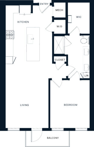 Floor plan of a one-bedroom apartment showing an entry, kitchen with island, washer/dryer, mechanical room, walk-in closet, bathroom, linen closet, living room, bedroom, and balcony.