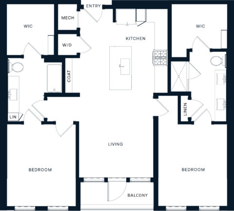 Black and white floor plan of a two-bedroom apartment featuring two bathrooms, a kitchen with island, living area, walk-in closets, laundry area, and a balcony. Entrances to rooms are clearly labeled.