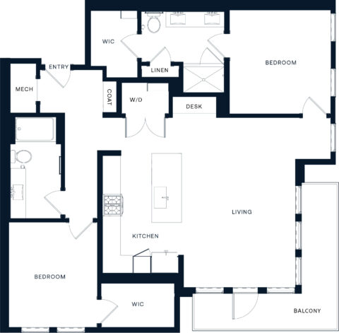 Black and white floor plan of a two-bedroom apartment featuring two bathrooms, a kitchen with island, living room, balcony, two walk-in closets, a linen closet, a coat closet, a desk nook, and a mechanical room.