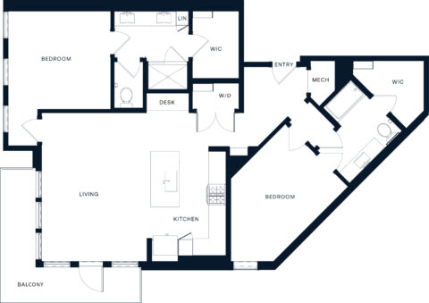 Floor plan of a two-bedroom apartment featuring two bathrooms, a kitchen with island, living area with balcony access, a desk space, two walk-in closets, washer/dryer, and an entryway.