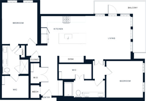Floor plan of an apartment showing two bedrooms, two bathrooms, a kitchen with an island, a living area, a balcony, a desk area, closets, a linen closet, washer/dryer, and mechanical room near the entry.